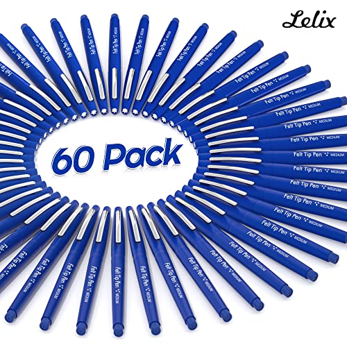 Lelix Felt Tip Pens, 60 Blue Pens, 0.7mm Medium Point, Felt Tip Markers Pens for Journaling, Writing, Note Taking, Planner, Perfect for Art Office and School Supplies