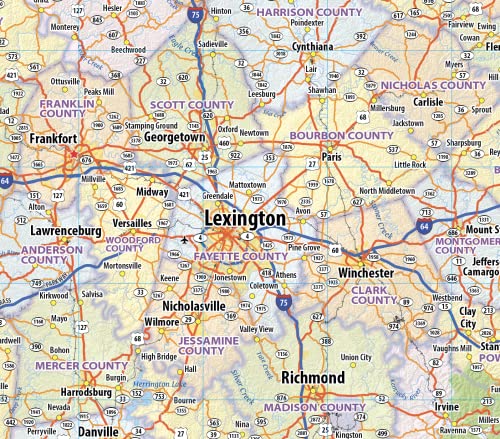 Kentucky Laminated Wall Map (70” wide by 35” high)