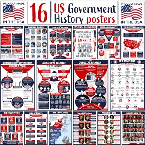 Young N Refined 16 US Government History LARGE poster pack Charts for classrooms 12.5x18 Matt USA MADE
