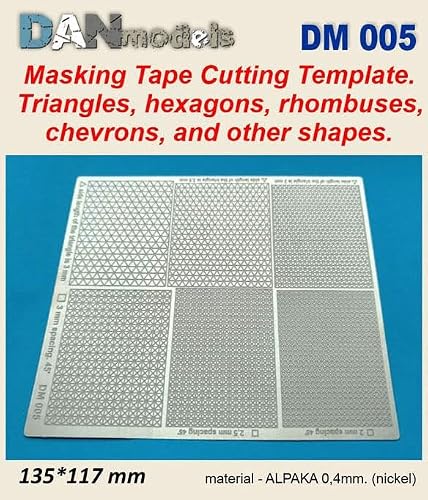 Dan Models 005 Masking Tape Cutting Template. Triangles, Hexagons, Diamonds, Chevrons, and Other Shapes. Size: 135 x 117 mm. Material: 0.4 mm Alpaca (Nickel).
