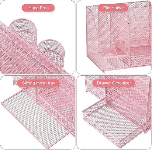 HurtSong Desk Organizers and Accessories with File Holder, 5-Tier Desk Accessories & Workspace Organizers with Drawer and 2 Pen Holder, Paper Organizer for Office Supplies(Pink)