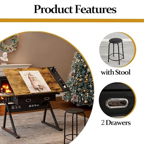 NestLude Adjustable Drafting Table with Stool, Tilting Art Desk with Storage Drawers for Home Office, Reading, Writing, Crafting. Perfect for Artists and Hobbyists. (Rustic Brown)