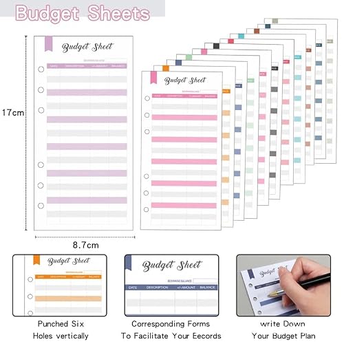 A6 PU Leather Binder Budget Planner Cash Envelope System with 12 PCS Pockets, 12PCS Expense Budger Sheets(C)