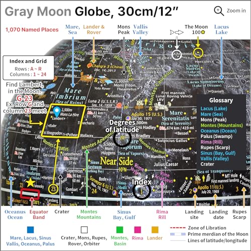 Mapsoft Prime Gray Moon Globe, 12" Lunar Globe and Atlas, Moon Map and Poster