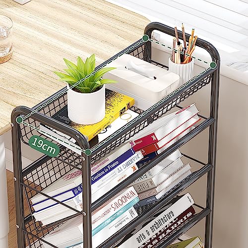 XBTGS Mobile Rolling Book Cart - Compact Black Metal Desktop cart with Wheels, Perfect for Tight Spaces. Ideal for Storing Books, Office Supplies, and Classroom Organ,Black-5 Tier