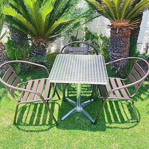 BTEXPERT Indoor Outdoor 23.75" Restaurant Stainless Steel Aluminum Metal Slat Stack Commercial Lightweight, 3 Chairs with a Square Table, Silver/Bronze