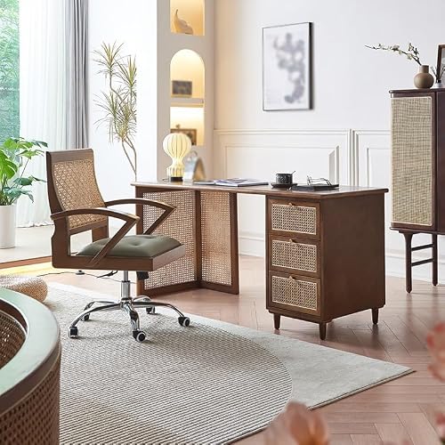LINKIO Home Office Desks Home Desk Wooden Desk Living Room Bedroom Study Table Computer Table Rattan Computer Table Desk(160x80x75cm)