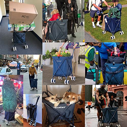 Versacart Transit -The Original Patented Folding Shopping and Utility Cart, Water-Resistant Heavy-Duty Canvas with Cover, Double Front Swivel Wheels, Compact Folding, Transport Up to 120 Pounds, Blue