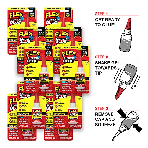 Flex Super Glue Gel, 20 Gram Bottle, 10-Pack, Clear, Instant Bond, Quick Dry, Cyanoacrylate Adhesive, Precision Tip for Wood, Metal, Plastic, Crafts, Ceramic, and Toy Repairs