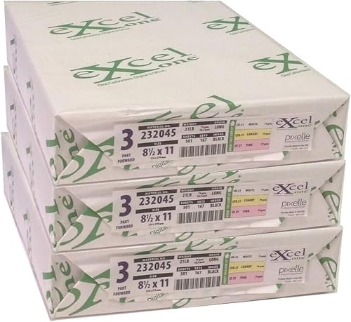 Excel One Carbonless Paper (232045) 8.5 x 11-3 part STRAIGHT/FORWARD (Bright White/Canary/Pink), (3 Reams, 501 sets)