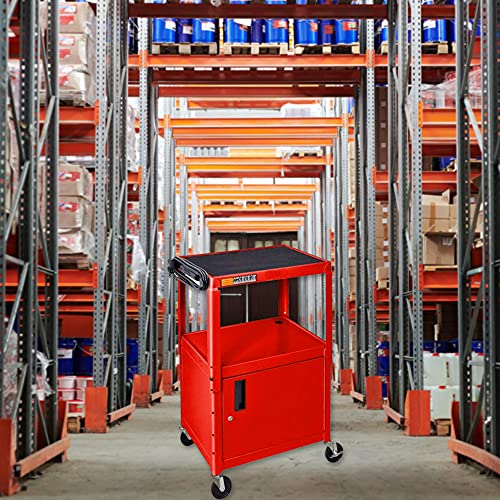 LUXOR AVJ42C-RD Steel AV Cart with Adjustable Height and Storage Cabinet, Multipurpose Utility Cart, 24" to 42" Height, 3 Outlet Electrical Assembly, Red
