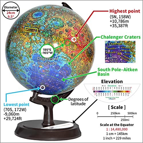 Mapsoft Guide Topography Moon Globe, 24cm/9.5″, MT-24, Lunar Globe, Moon Map, Moon Atlas, Moon Poster, The Moon, The Lunar, Lunar Map, Lunar Atlas, Astronomy Toys