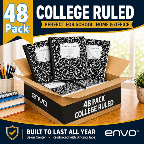 ENVO Composition Notebooks, College Ruled Composition Notebook, Black Marble Covers Composition Notebook, 100 sheets, Bulk (48, College Ruled)