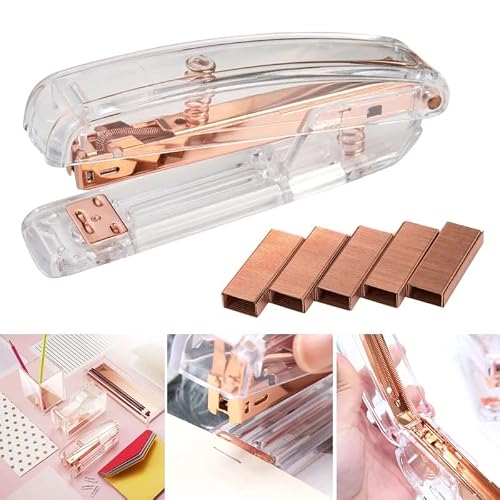 BNISRGLD Rose Gold Transparent Plastic Stapler Study Binding Machine Stationery with Staples for School Office