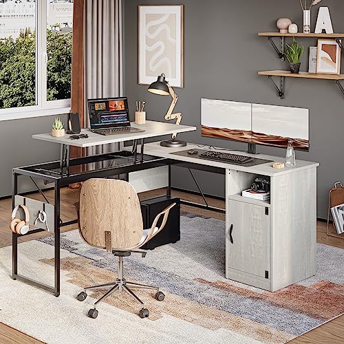 Bestier Versatile 60 Inch L-Shaped Standing Desk, Lift Top Corner Desk Extending to 95 Inches with Storage Cabinet and Hooks for Home Office, Washed White