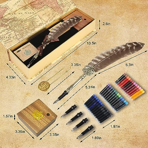 GC QUILL Calligraphy Feather Fountain Pen and Ink Set, Quill Pen with 5 Varied Nibs and Ink Cartridges, Calligraphy Set for Beginners – MU-15