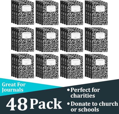 E-CLIPS USA Composition Notebooks Wide Ruled Composition Notebook Black Marble Composition Notebook 100 sheets 200 Pages (Black 48 Pack)