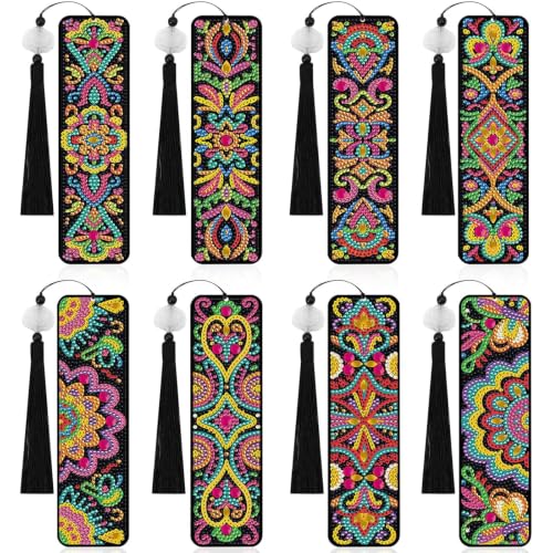 8Pcs Colorful Pattern DIY Diamond Art Bookmark with Pendant