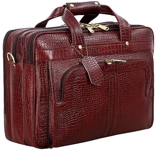 Full Grain Leather 16 Inch Briefcases Laptop Shoulder Bags for Men and Women Business Work Bag Leather Satchel Bag (Croc Brown)