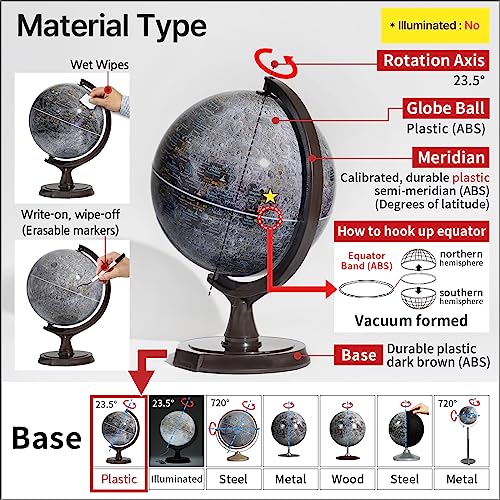 Mapsoft Prime Gray Moon Globe, 12" Lunar Globe and Atlas, Moon Map and Poster