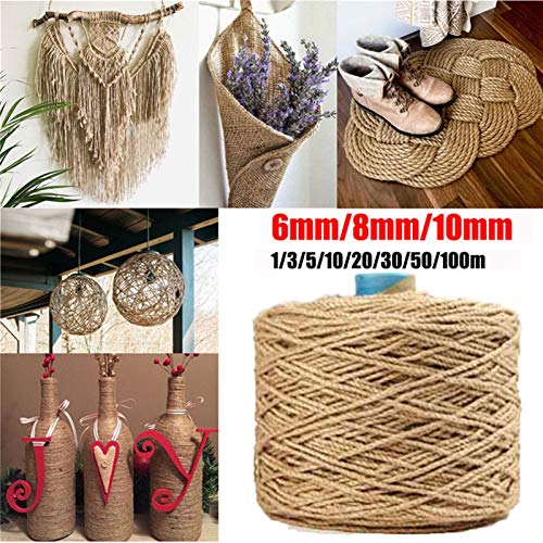 Lueao Cqinju-Jute Twine 6mm 8mm 10mm Natural Jute Rope Heavy Duty Twine Hemp Cord Macrame String DIY Handmade Decoration Pet Scratching, Durable Packing String (Color : 8mmx50m)