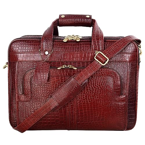 Full Grain Leather 16 Inch Briefcases Laptop Shoulder Bags for Men and Women Business Work Bag Leather Satchel Bag (Croc Brown)