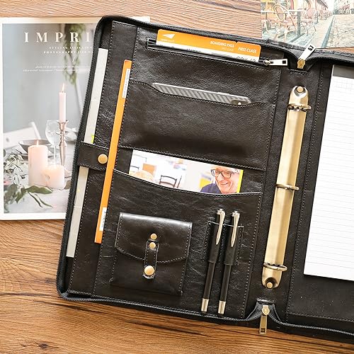 3-Ring Leather Portfolio, Legal Size Portfolio with Handle, 3 Ring Binder Padfolio & Zipper, 15" Laptop Bag Business Organizer for Him (Standard, Black)