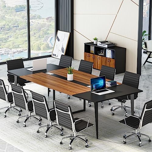 Tribesigns 8FT Conference Table, 94.48L x 47.24W x 29.52H Inches Boat Shaped Meeting Table with Rectangle Grommet, Modern Seminar Boardroom Table for Office Conference Room (8ft, Walnut & Black)