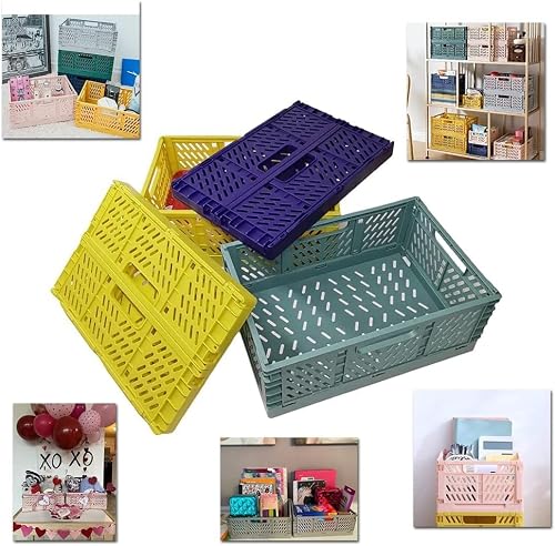 Ygapuzi Plastic Collapsible Crate Folding Storage Basket with Handle for Shelves Home Kitchen Classroom and Office Vanity Bathroom Organization Drawer Clapboard Partition (Large Multicolor-4pack)