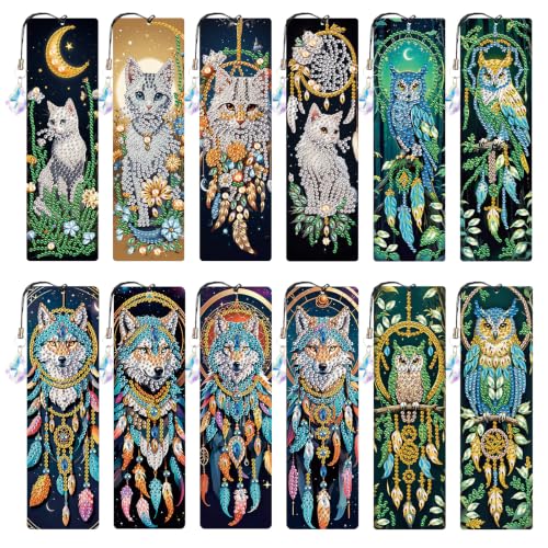 12Pcs Dreamcatcher Animals DIY Diamond Art Painting Bookmark with Crystal