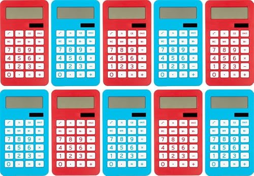 JAM PAPER Desktop Calculator - 10 Digit LCD Display - 3 3/4 x 6 3/4 Inches - Red & Blue Combo - Bulk 10/Pack