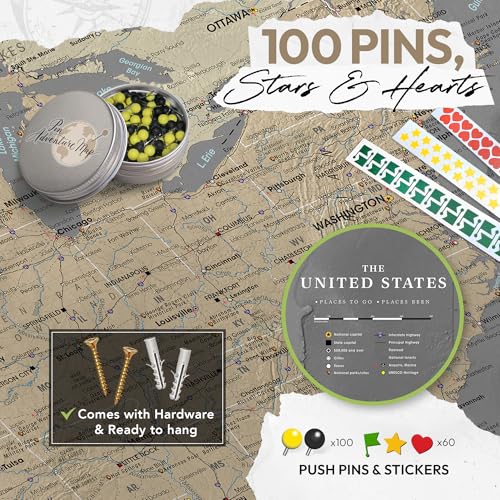 United States Travel Map Pin Board | National Park Push Pin Map | USA Wall Art on Canvas | Detailed Cartography (35 x 24)