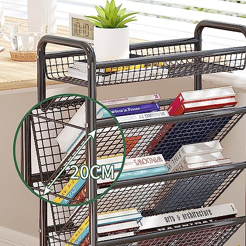 ZHDLdpUS Mobile Rolling Book Cart Shelf Organizer with Wheels - Black Metal Compact Desk Storage Trolley for Narrow Spaces, Ideal for Magazine Rack and Di