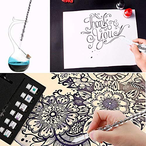 Thyggzjbs Handmade High Borosilicate Glass Glass Dip Pen Ink Set-Crystal Pen with 12 Colorful Inks for Art, Writing, Signatures, Calligraphy, Decoration, Gift