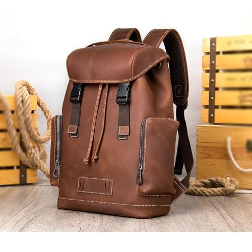 Full Grain Leather Backpack for Men Laptop Bag Business Work Hiking Daypack