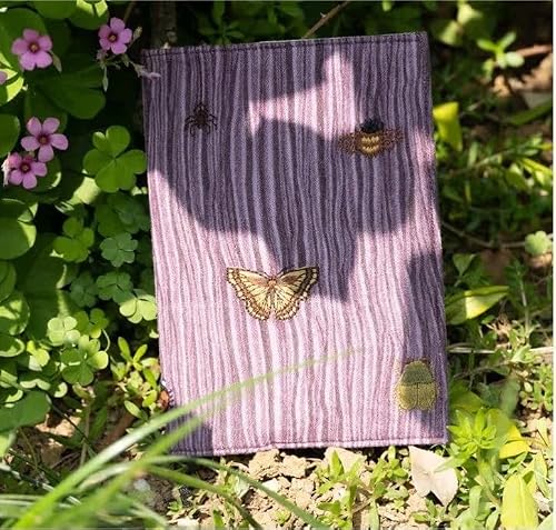 A6 Book Cover Adjustable Cotton Linen Sleeve with Embroidery Tree Bark Texture Journal Jacket Bee Beetle Art(Purple Blank)