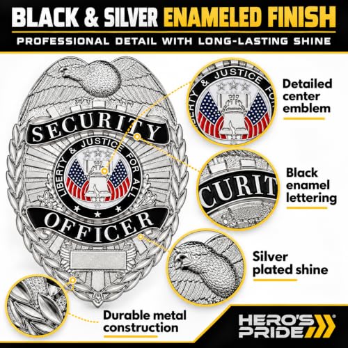 Hero’s Pride Professional Security Guard Badge - Black & Silver Enameled Finish - 2.25" x 3.125" with Secure 5-Piece Pin Catch