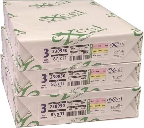 8.5 x 11 Excel One Carbonless Paper, (230950) 3 part Reverse (Bright Pink/Canary/White), 3 Reams, 501 Sets