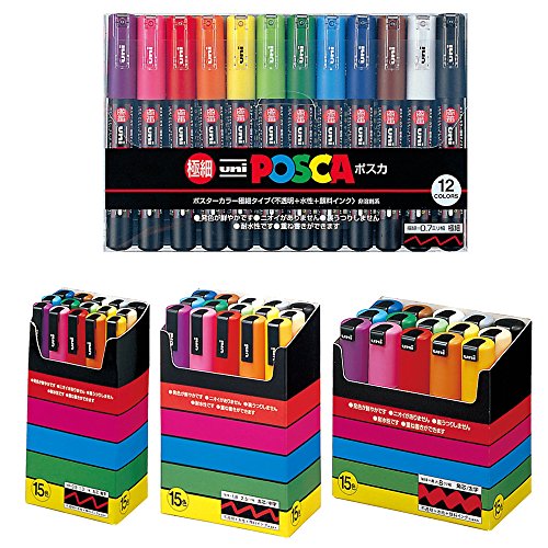 Uni-posca Paint Marker Pen BUNDLE SET , Mitsubishi Pencil Uni Posca Poster Colour Marking Pens Extra Fine Point 12 Colours , Fine 15 , Medium 15 , Bold 15 - Japan Import