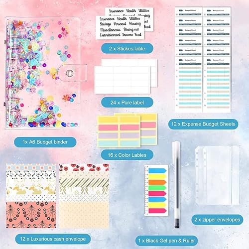 Cash Envelopes for Budgeting Saving, A6 Glitter Budget Binder with Zipper, Sheets