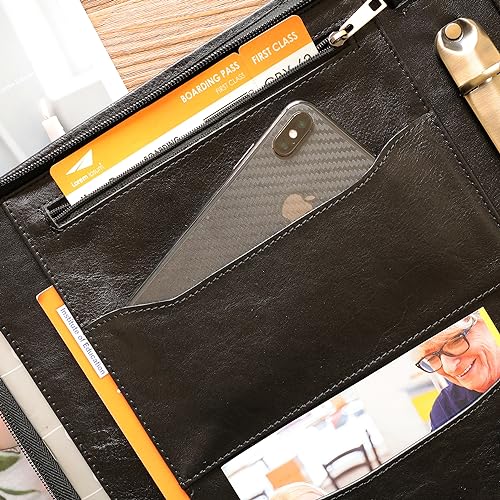 3-Ring Leather Portfolio, Legal Size Portfolio with Handle, 3 Ring Binder Padfolio & Zipper, 15" Laptop Bag Business Organizer for Him (Standard, Black)