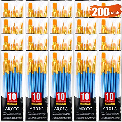 AROIC 200 Pcs Paint Brushes, Nylon Hair Brush Set for Oil and Watercolor
