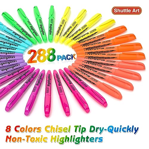 Shuttle Art 288 Pack Highlighters, Highlighters Assorted Colors Set, 8 Bright Colors Chisel Tip Dry-Quickly Non-Toxic Highlighter Markers Bulk for Adults Highlighting in Home School Office