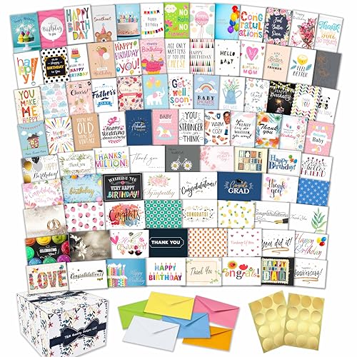 100 All Occasion Cards, 100 Unique Designs, Large 5x7, Envelopes & Box