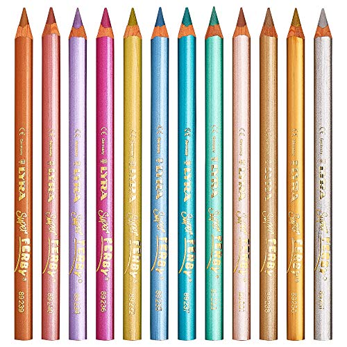 Lyra Super Ferby Triangular Metallic Colored Pencils - Set of 12 Metallic Pencils with A 6.25mm Core - Highly Pigmented Colored Pencils for Artists of All Ages - Durable Pencils for Coloring and More