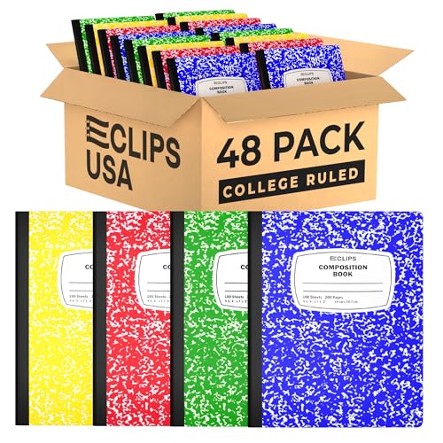 E-CLIPS USA Composition Notebook College Ruled Marble Composition Notebooks Bulk College Ruled Notebooks for Work 9.75" x 7.5" 100 sheets 200 Pages (48 Pack Assorted colors)