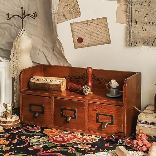 KUYBTU Vintage Brown 6-Drawer Desktop Organizer Wood Storage Cabinet with Acrylic Doors Desk Supplies Organizer for Office Living Room Heavy Duty-3-Drawer