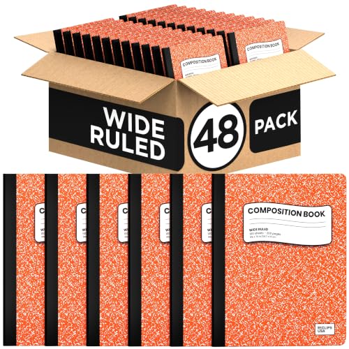 Composition Notebook Wide Ruled Composition Notebooks Bulk Orange Marble Hard Cover Wide Ruled Notebook Paper Note Books For Schools Marble Composition Books 100 Sheets 200 Pages 9.75” x 7.25” (48 Pack, Orange)