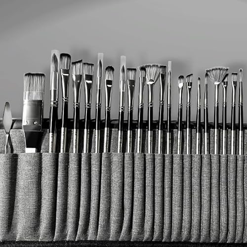 BXFIRS 24-Piece Set of Paintbrushes Nylon Oil Paint Brushes Canvas Brush Cover Wooden
