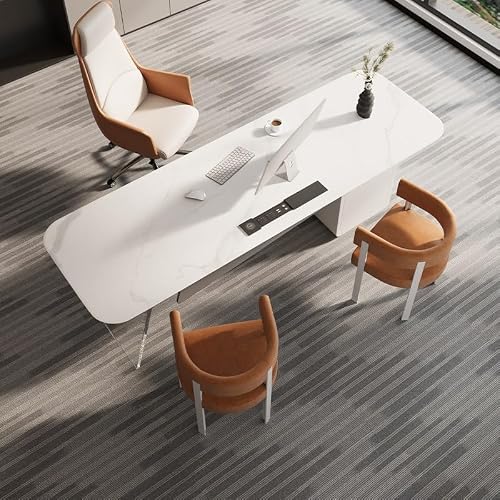 LINKIO Home Office Desks White Rock Slab Single Boss Office Work Desk, Wooden Supervisor Creative Large Desk, Suitable for Home Living Room, Study Room Computer Table Desk(200x70x75cm)